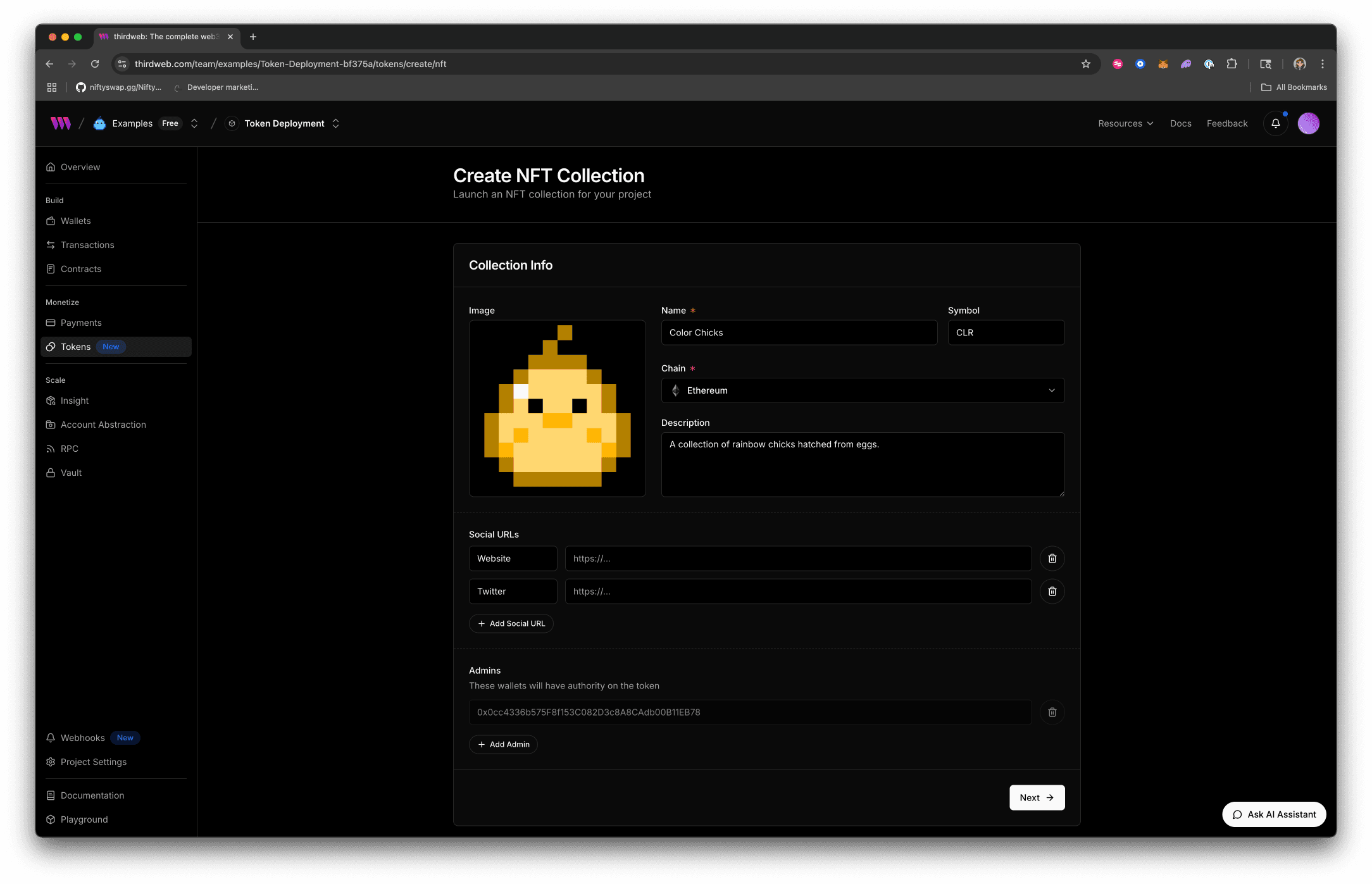 Create NFT screen on thirdweb dashboard